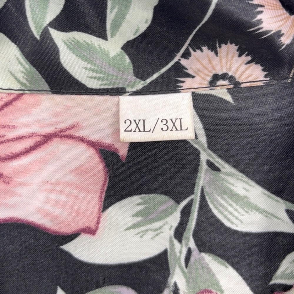 Black Pink Floral Kimono Robe 2XL/3XL Pockets Satin Loungewear - Picture 7 of 11